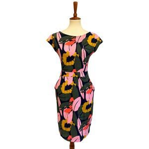 VTG Style Retro Floral Midi Sheath Dress Pink Yellow Botanical Mod Workwear, 6